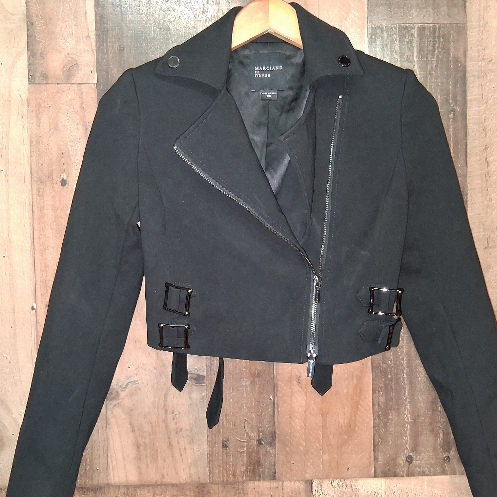 Marciano For Guess Black Moto Cropped Women's Jacket Size XS Buckles
